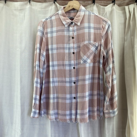 Marc New York Tops - Marc New York Womens Flannel Top XS Pink Stripe Button Up‎ Roll Tab Sleeves